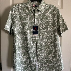 Chaps Men's White Shirt with Green Tropical Leaf Print